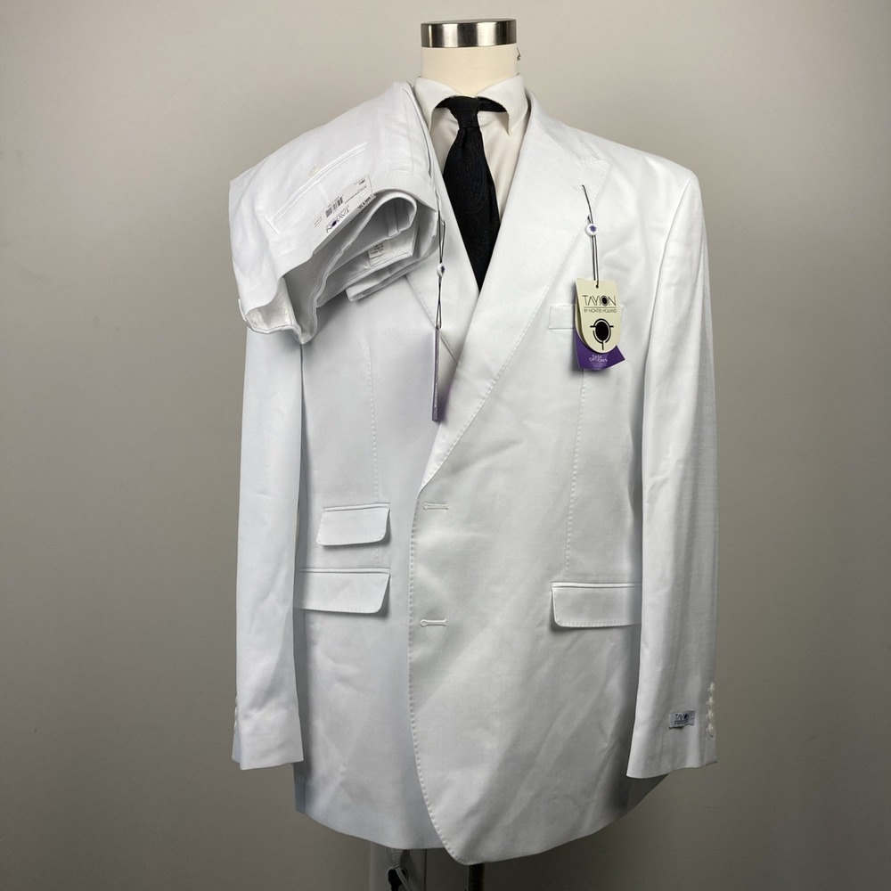 Tayion Mens Classic fit 2-pc Suit Jacket Blazer 50 L White Solid Pants 44W 32L